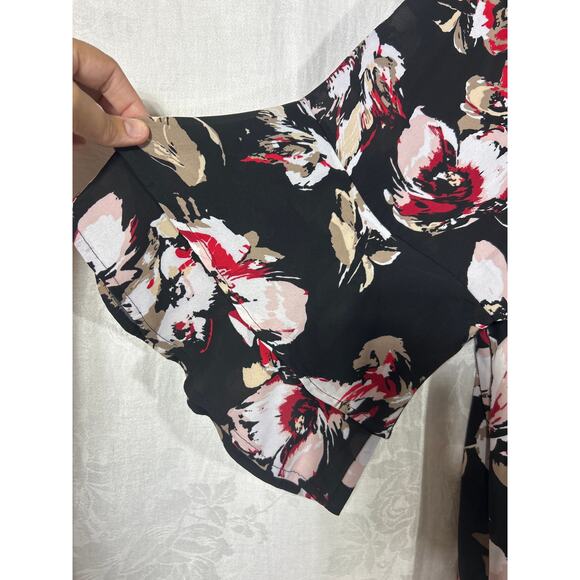Catherines Top 3X Black Tan Red Abstract Floral Sheer Ruffle Flare Sleeve - Picture 3 of 9
